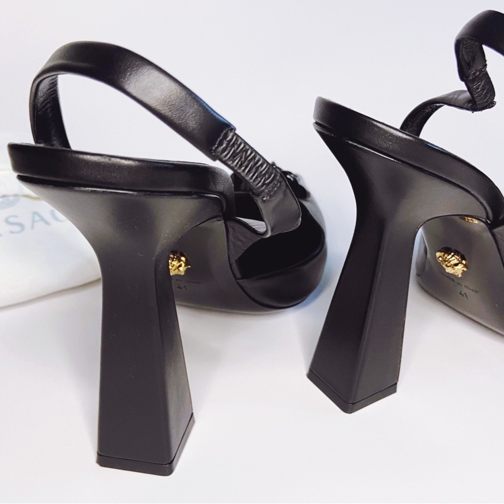 Versace Black Slingback Pointed Toe Heels with Medusa Chain - Picture 8 of 17